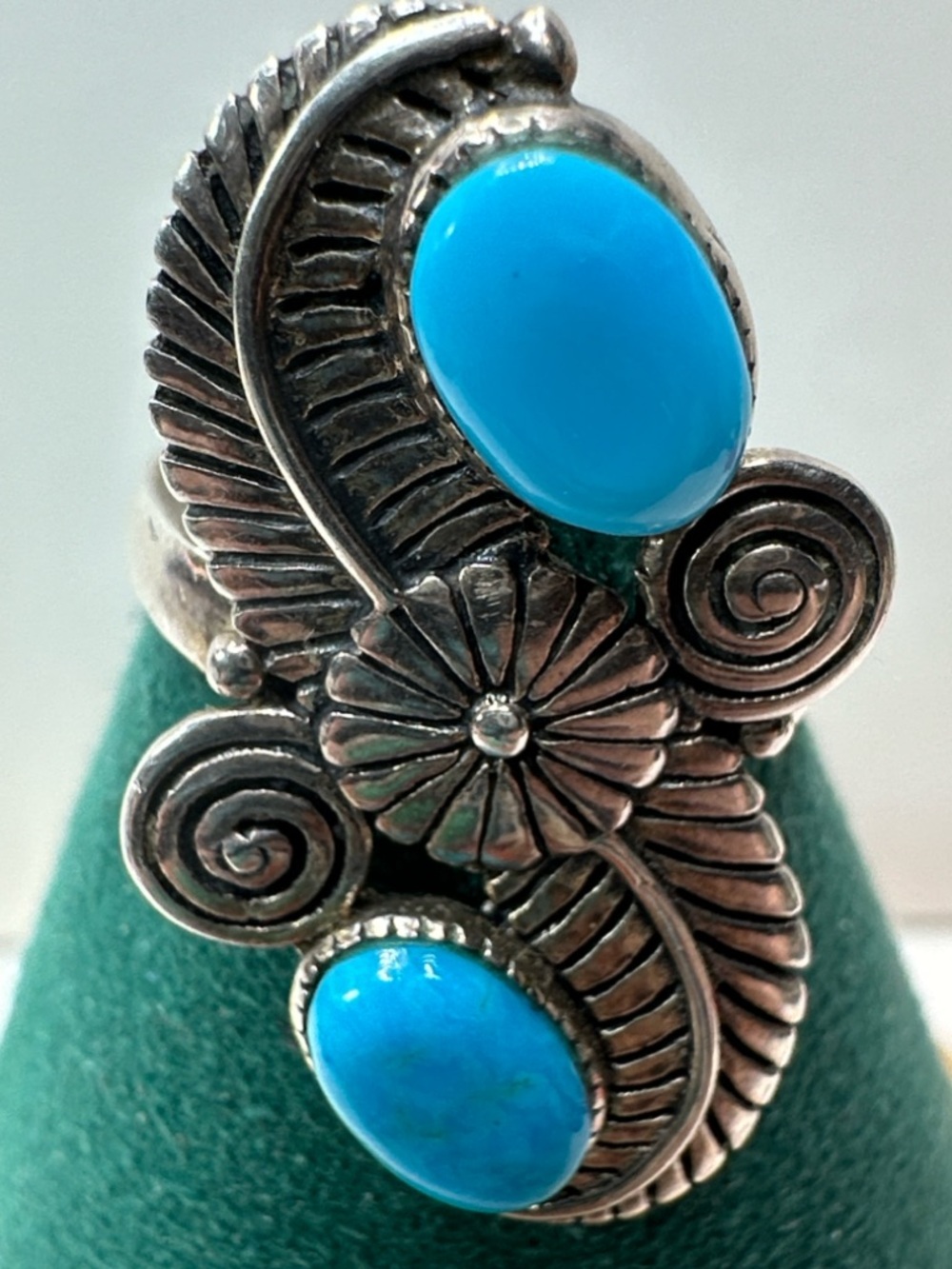 Turquoise Double-Stone Sterling Silver Feather Flower Ring - Picture 9 of 15